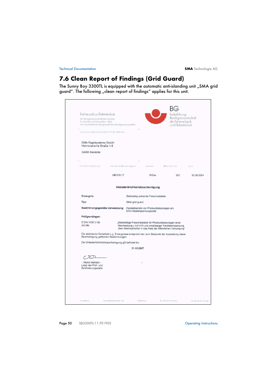 6 clean report of findings (grid guard), Clean report of findings (grid guard) | SMA SB 3300TL User Manual | Page 54 / 62