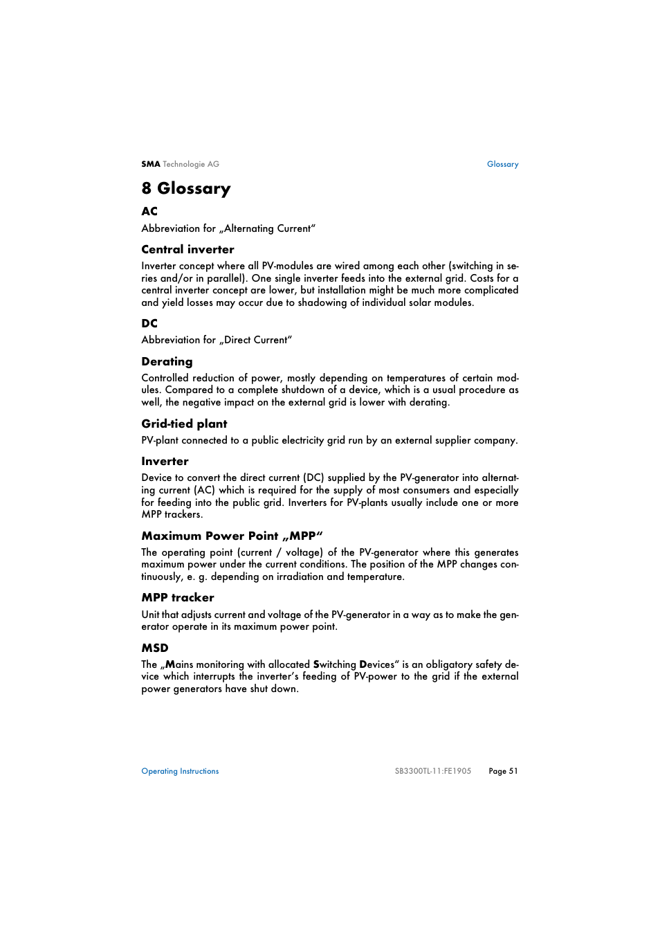 8 glossary, Glossary | SMA SB 3300TL User Manual | Page 55 / 62