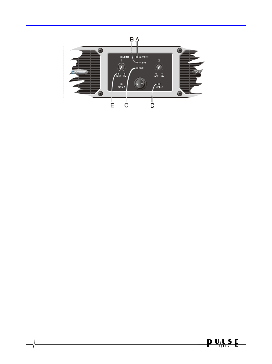 0 indicators, A. ac present, B. operate | C. fault, D. temp 1&2, E. signal | Crown 2-650 User Manual | Page 10 / 22