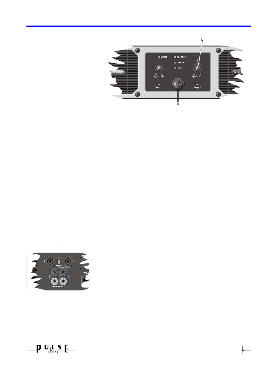 0 control operation, A. power switch, B. level controls 1 and 2 | C. bridge switch | Crown 2-650 User Manual | Page 9 / 22