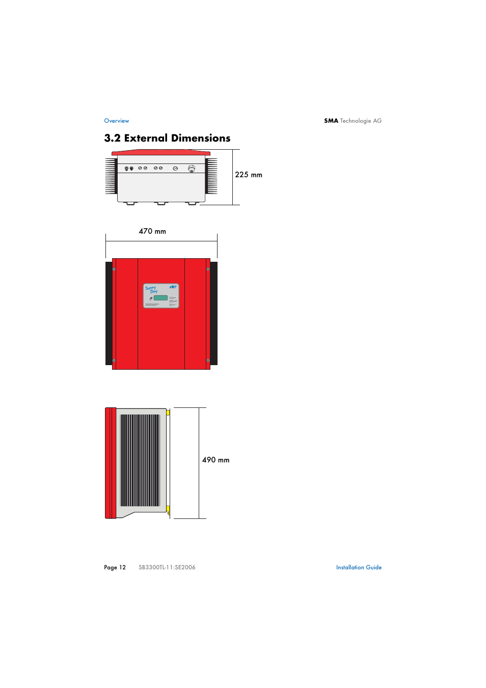 2 external dimensions, External dimensions | SMA SB 3300TL Installation User Manual | Page 12 / 41