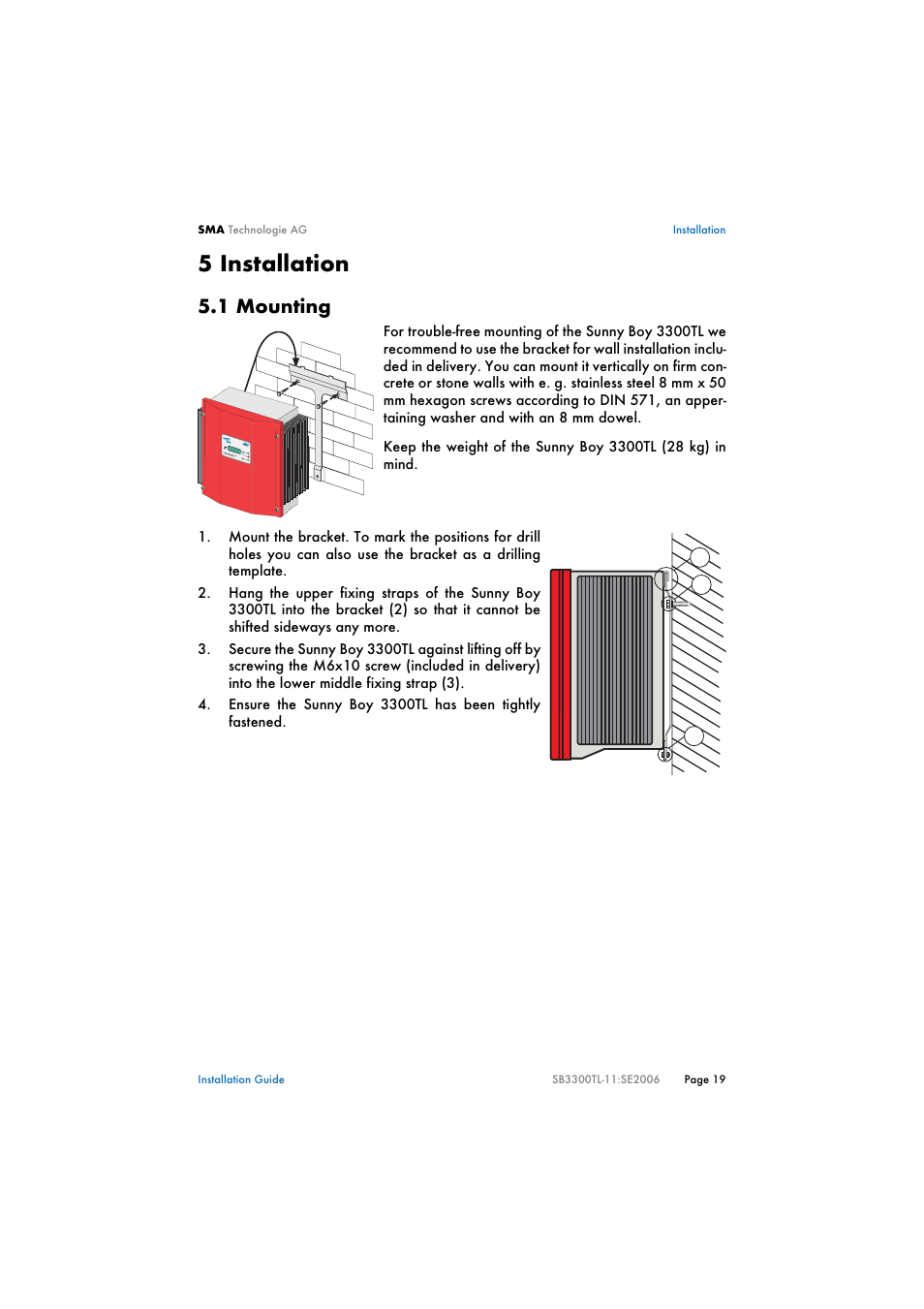 5 installation, 1 mounting, Installation | Mounting | SMA SB 3300TL Installation User Manual | Page 19 / 41