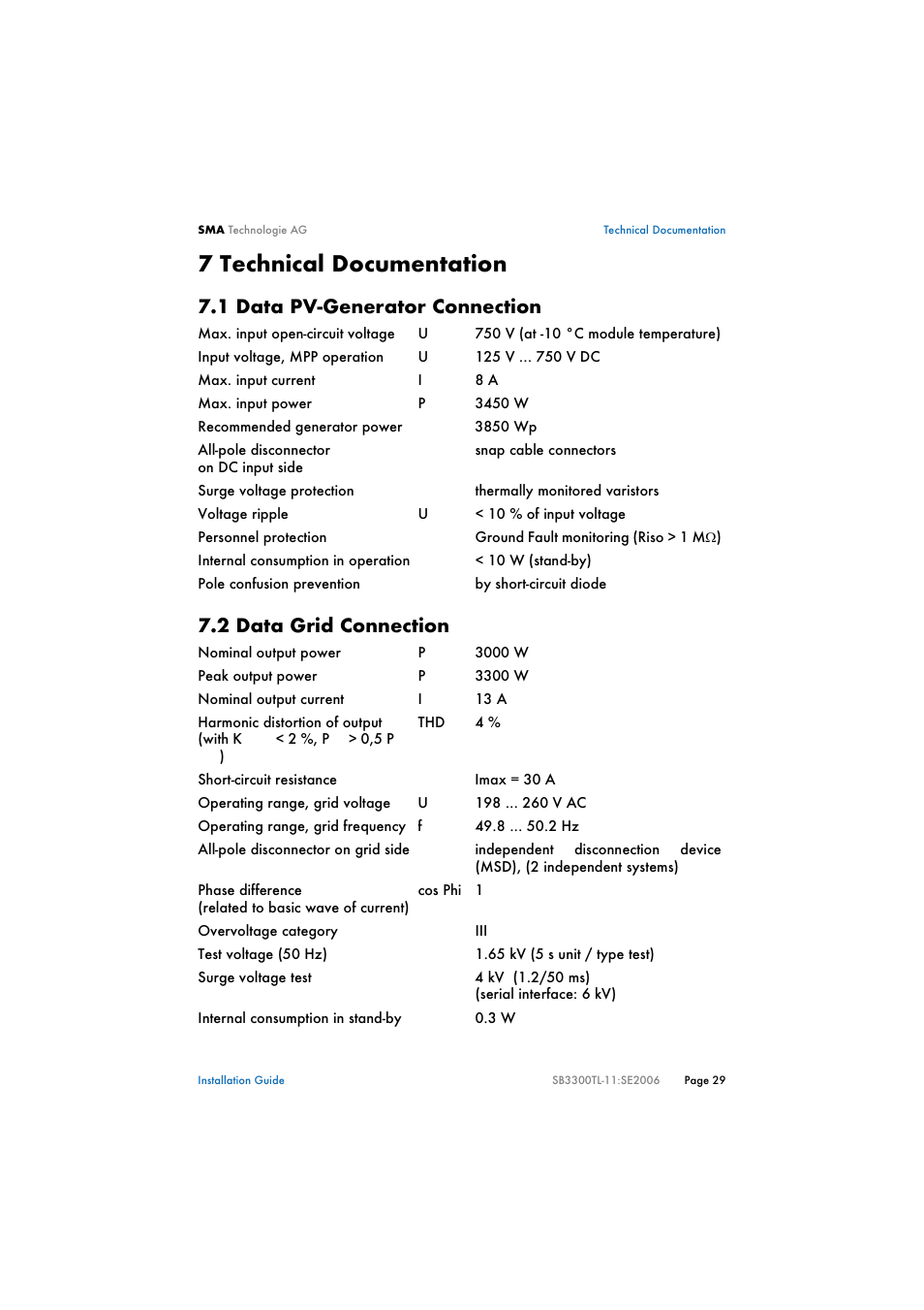 7 technical documentation, 1 data pv-generator connection, 2 data grid connection | Technical documentation, Data pv-generator connection, Data grid connection | SMA SB 3300TL Installation User Manual | Page 29 / 41