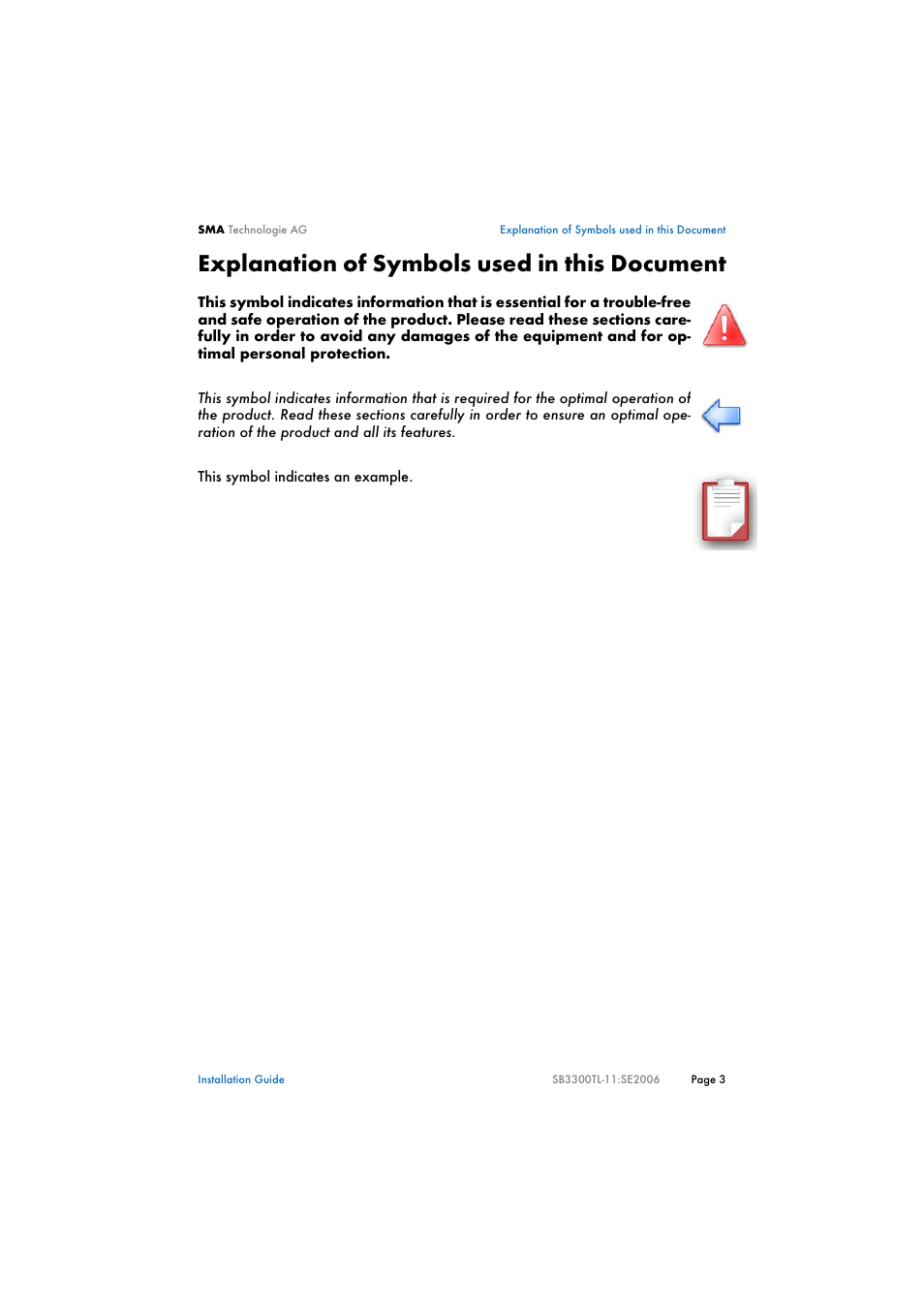 Explanation of symbols used in this document | SMA SB 3300TL Installation User Manual | Page 3 / 41
