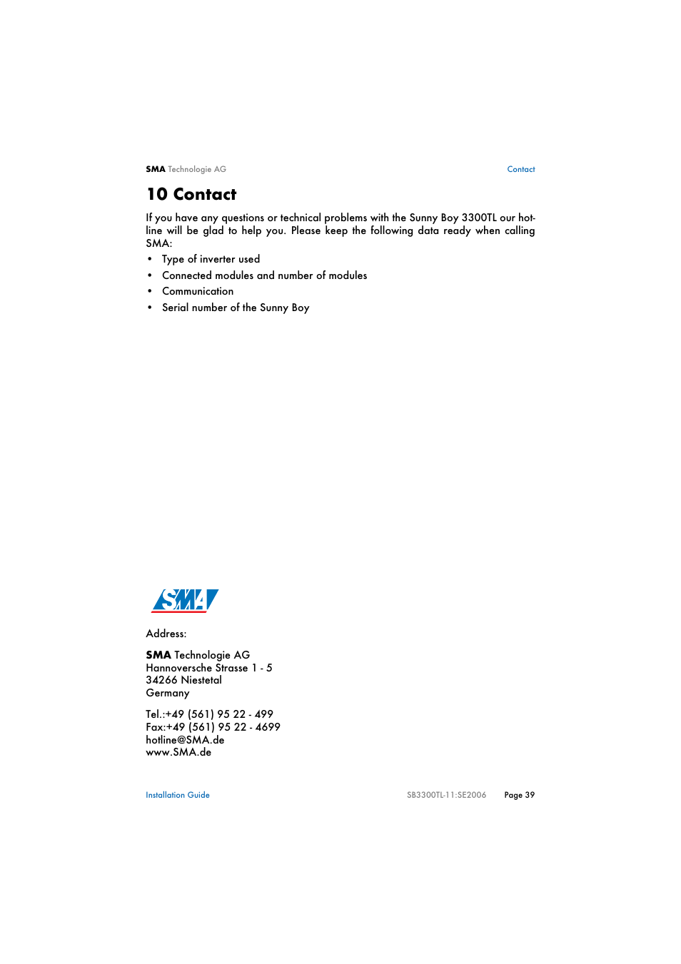 10 contact, Contact | SMA SB 3300TL Installation User Manual | Page 39 / 41