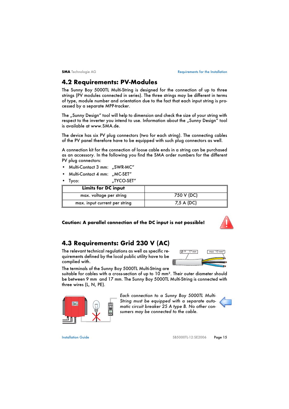 2 requirements: pv-modules, 3 requirements: grid 230 v (ac), Requirements: pv-modules | Requirements: grid 230 v (ac) | SMA SB 5000TL Multi-String Installation User Manual | Page 15 / 42