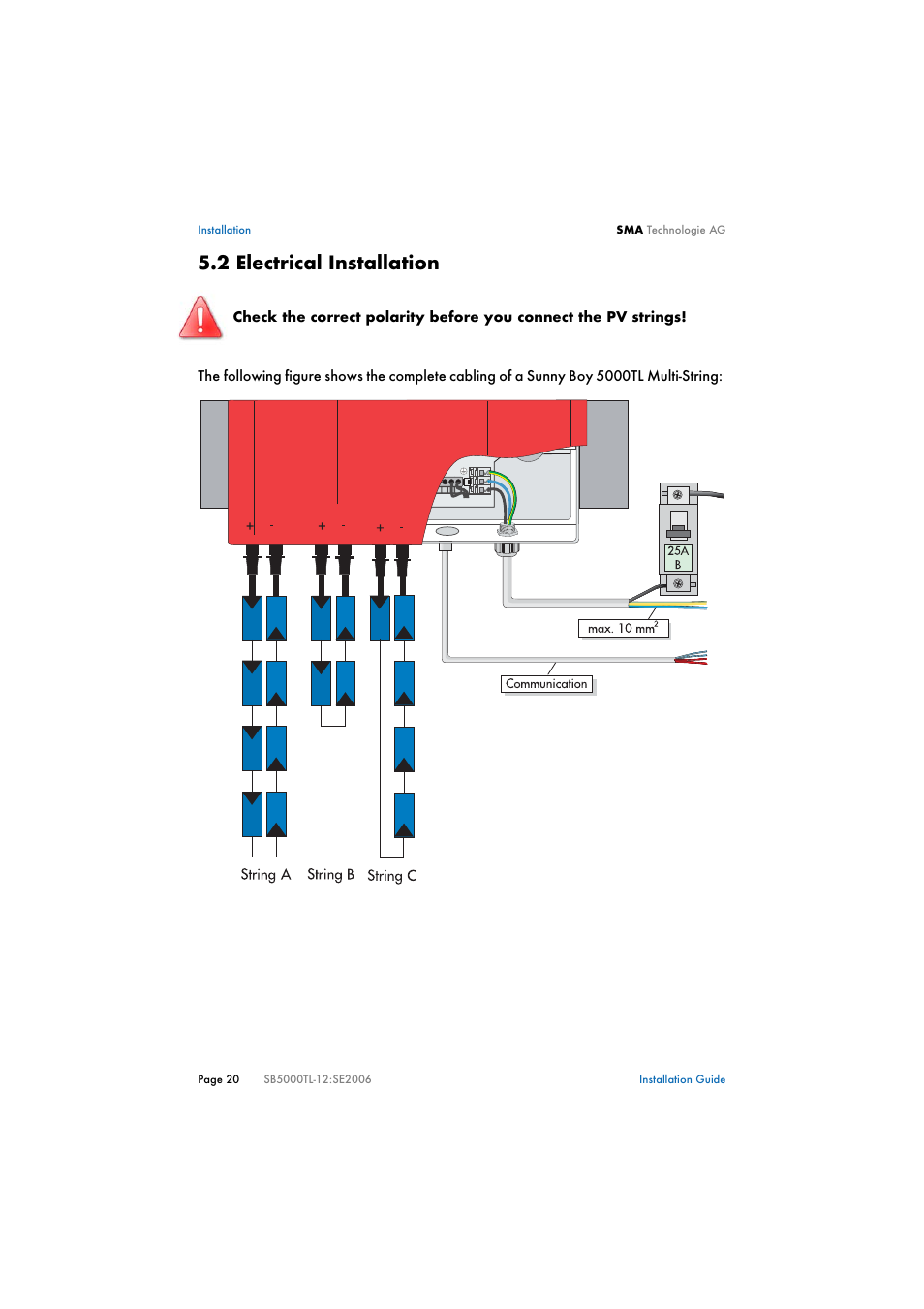 2 electrical installation, Electrical installation | SMA SB 5000TL Multi-String Installation User Manual | Page 20 / 42