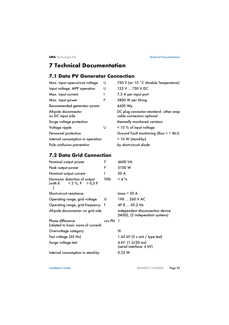 7 technical documentation, 1 data pv generator connection, 2 data grid connection | Technical documentation, Data pv generator connection, Data grid connection | SMA SB 5000TL Multi-String Installation User Manual | Page 29 / 42