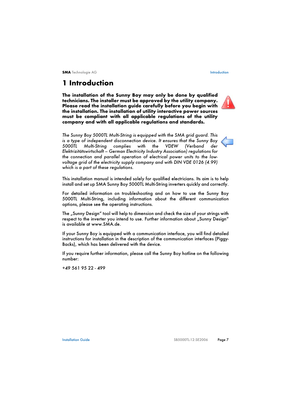 1 introduction, Introduction | SMA SB 5000TL Multi-String Installation User Manual | Page 7 / 42