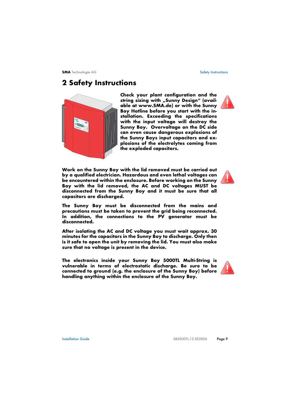 2 safety instructions, Safety instructions | SMA SB 5000TL Multi-String Installation User Manual | Page 9 / 42