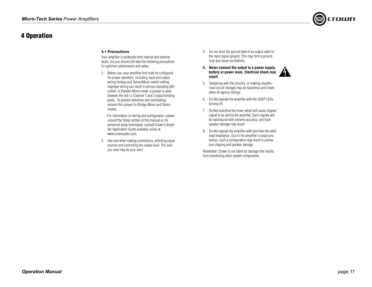 4 operation | Crown Audio MT-601 User Manual | Page 11 / 28