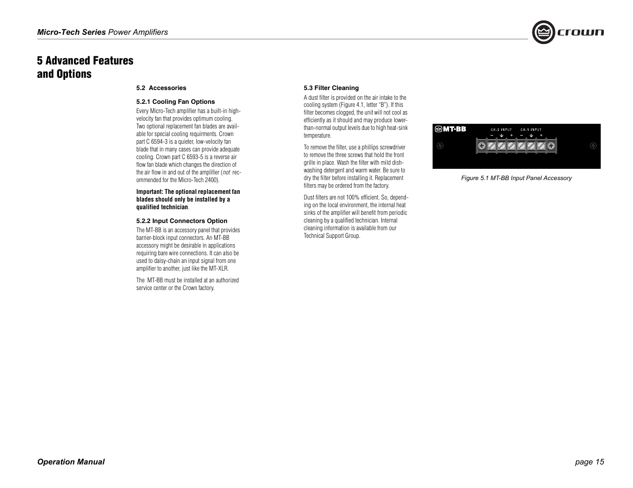 5 advanced features and options | Crown Audio MT-601 User Manual | Page 15 / 28