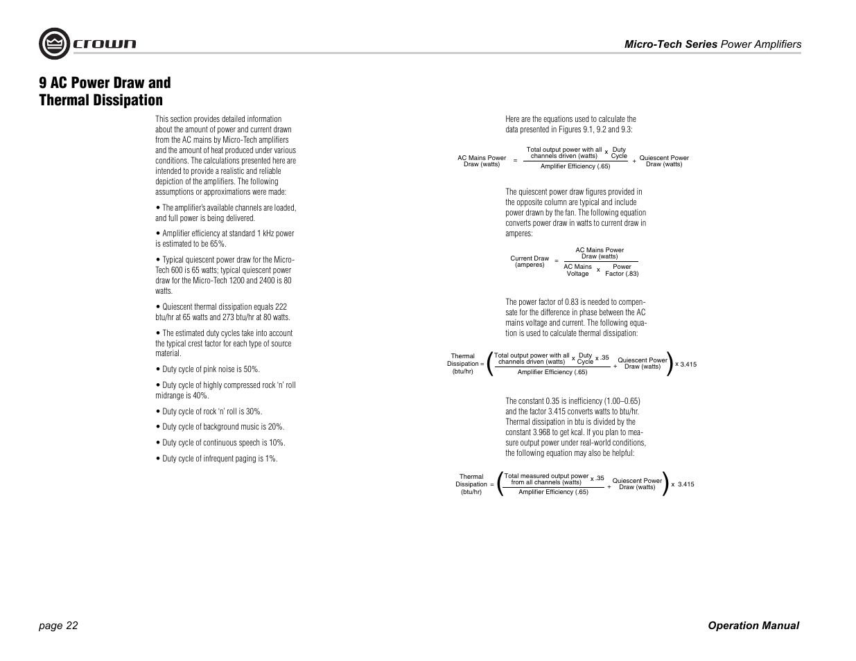 9 ac power draw and thermal dissipation | Crown Audio MT-601 User Manual | Page 22 / 28