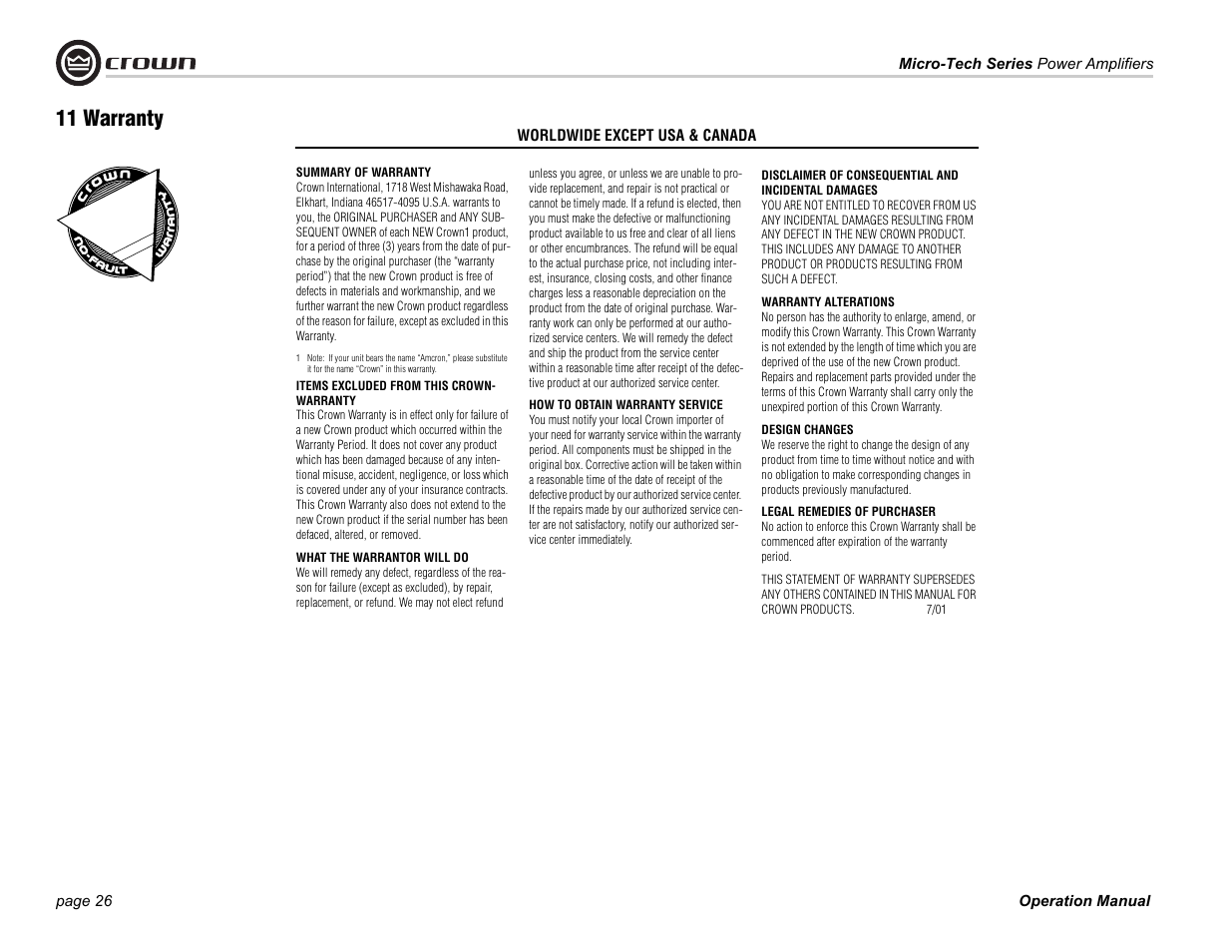 11 warranty | Crown Audio MT-601 User Manual | Page 26 / 28