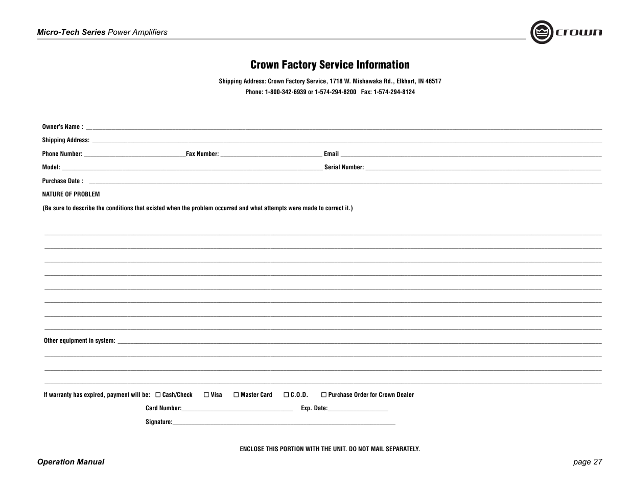 Crown factory service information | Crown Audio MT-601 User Manual | Page 27 / 28