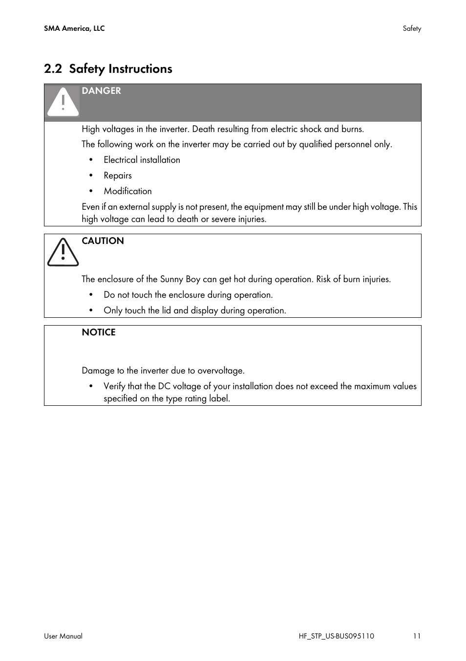 2 safety instructions, Safety instructions | SMA SB 2000HF-US User Manual | Page 11 / 24