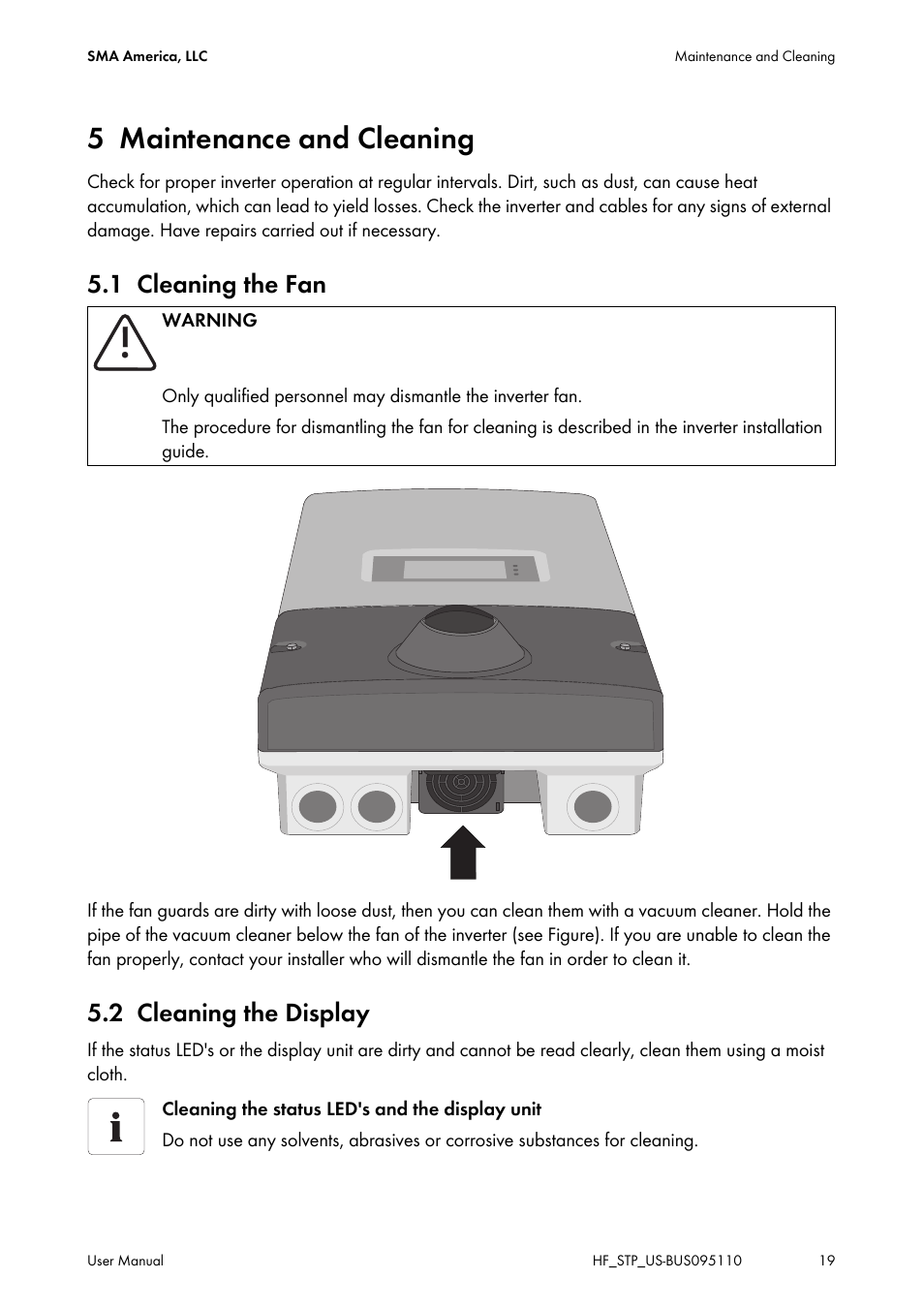 5 maintenance and cleaning, 1 cleaning the fan, 2 cleaning the display | Maintenance and cleaning, Cleaning the fan, Cleaning the display | SMA SB 2000HF-US User Manual | Page 19 / 24