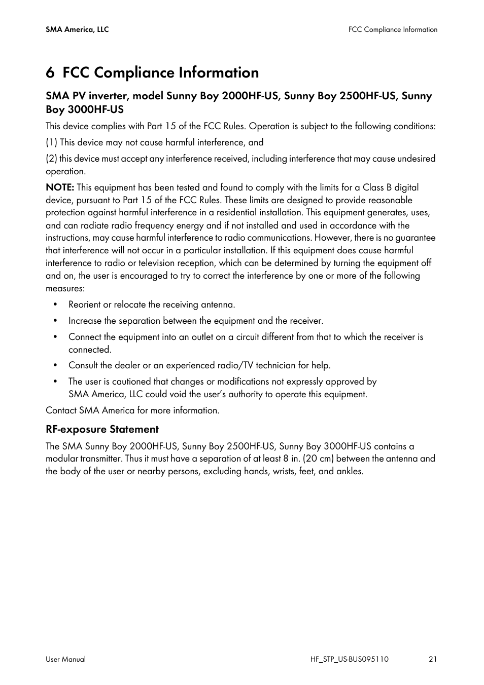 6 fcc compliance information, Fcc compliance information | SMA SB 2000HF-US User Manual | Page 21 / 24