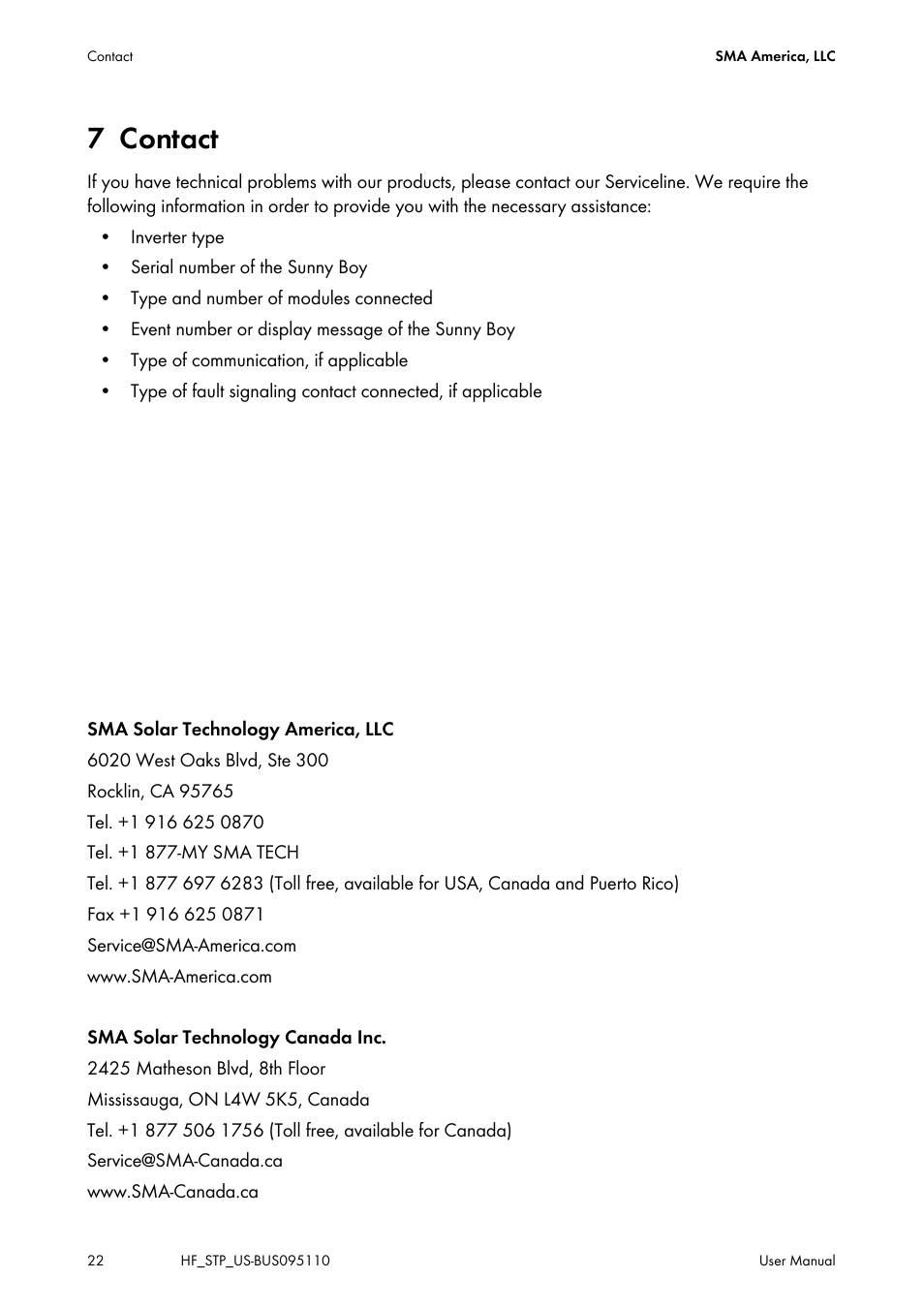 7 contact, Contact | SMA SB 2000HF-US User Manual | Page 22 / 24