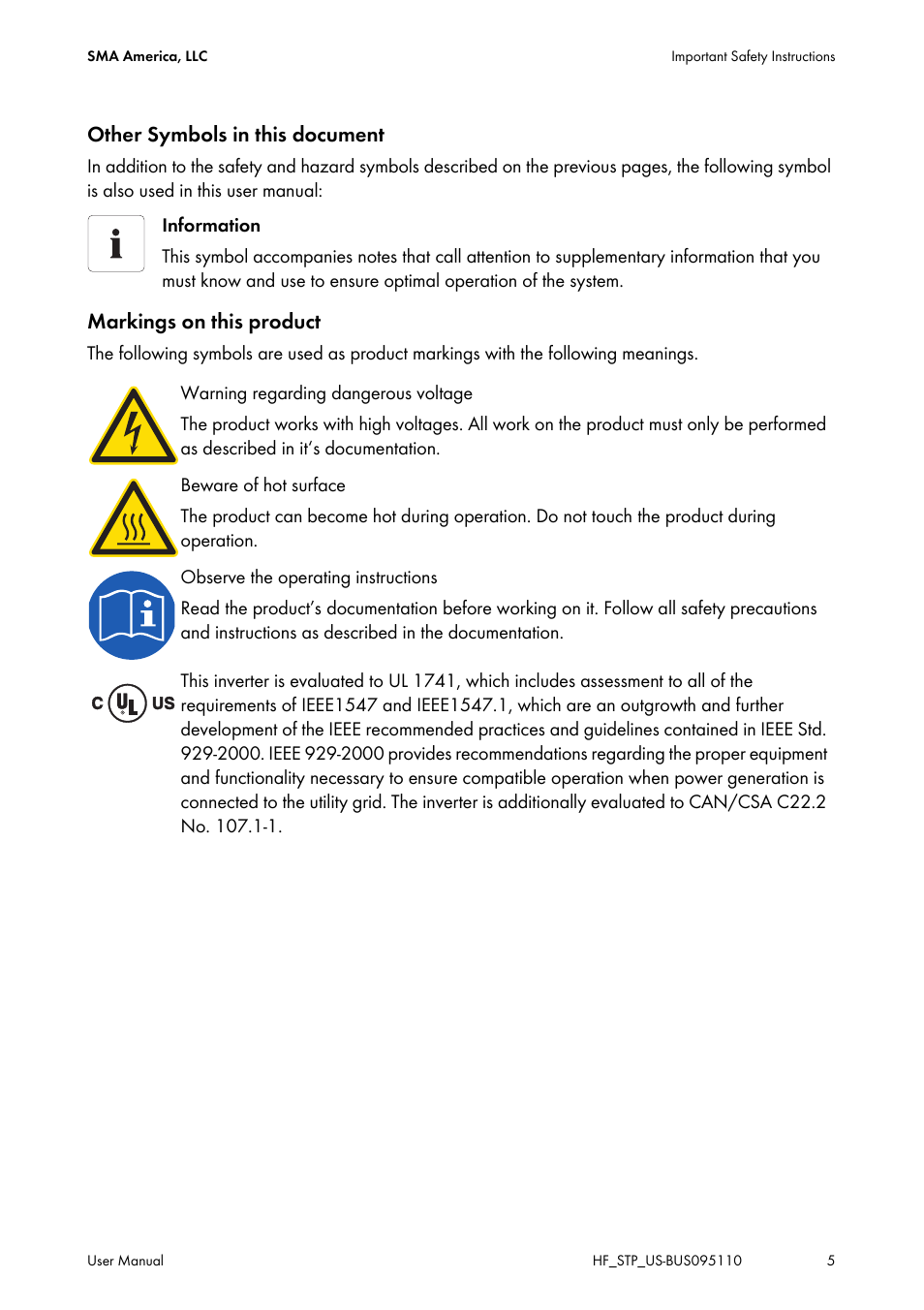 Other symbols in this document, Markings on this product | SMA SB 2000HF-US User Manual | Page 5 / 24