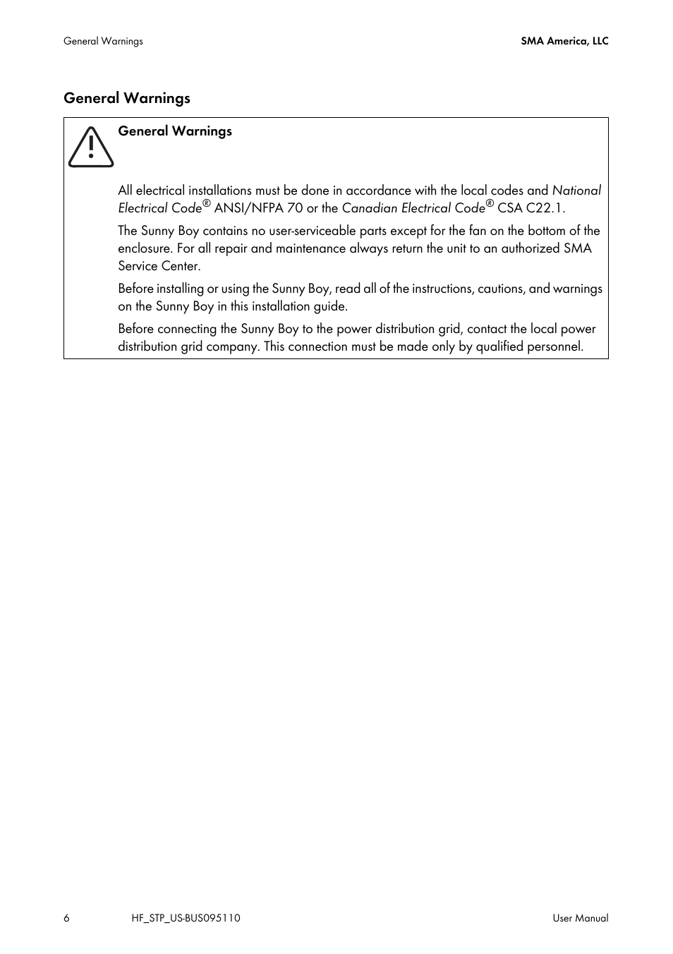 General warnings | SMA SB 2000HF-US User Manual | Page 6 / 24