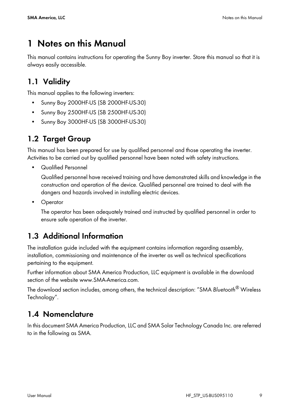 1 notes on this manual, 1 validity, 2 target group | 3 additional information, 4 nomenclature, Notes on this manual, Validity, Target group, Additional information, Nomenclature | SMA SB 2000HF-US User Manual | Page 9 / 24