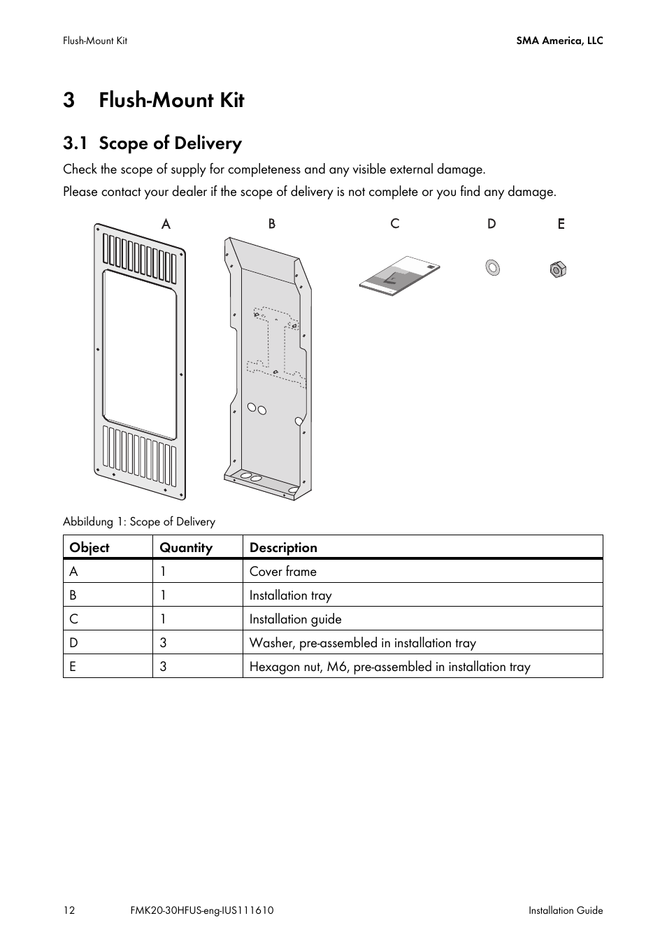 3 flush‑mount kit, 1 scope of delivery, Flush‑mount kit | Scope of delivery | SMA SB 2000HF-US Installation User Manual | Page 12 / 32