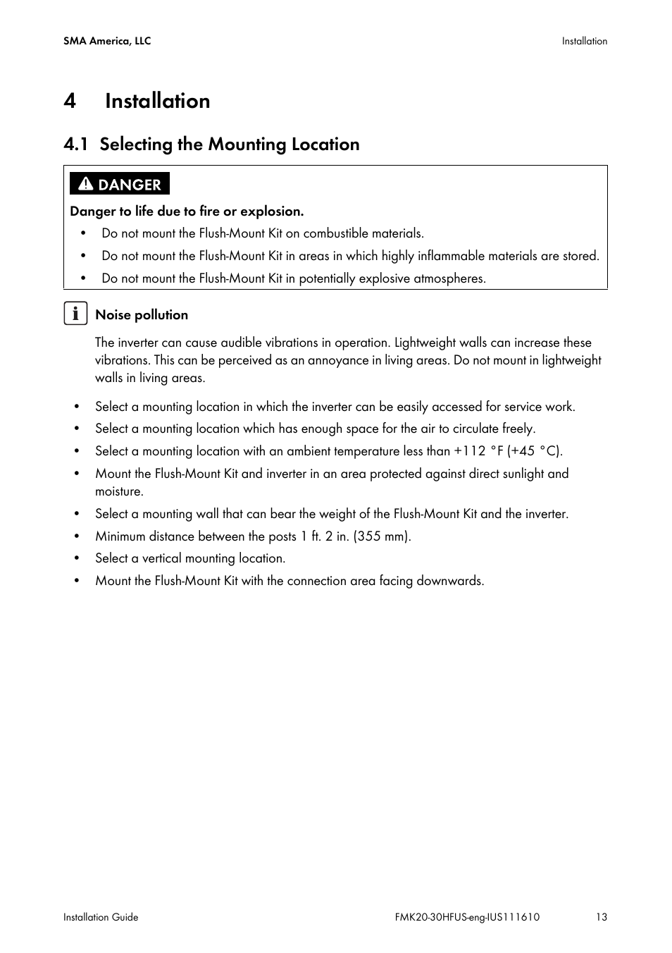 4 installation, 1 selecting the mounting location, Installation | Selecting the mounting location | SMA SB 2000HF-US Installation User Manual | Page 13 / 32