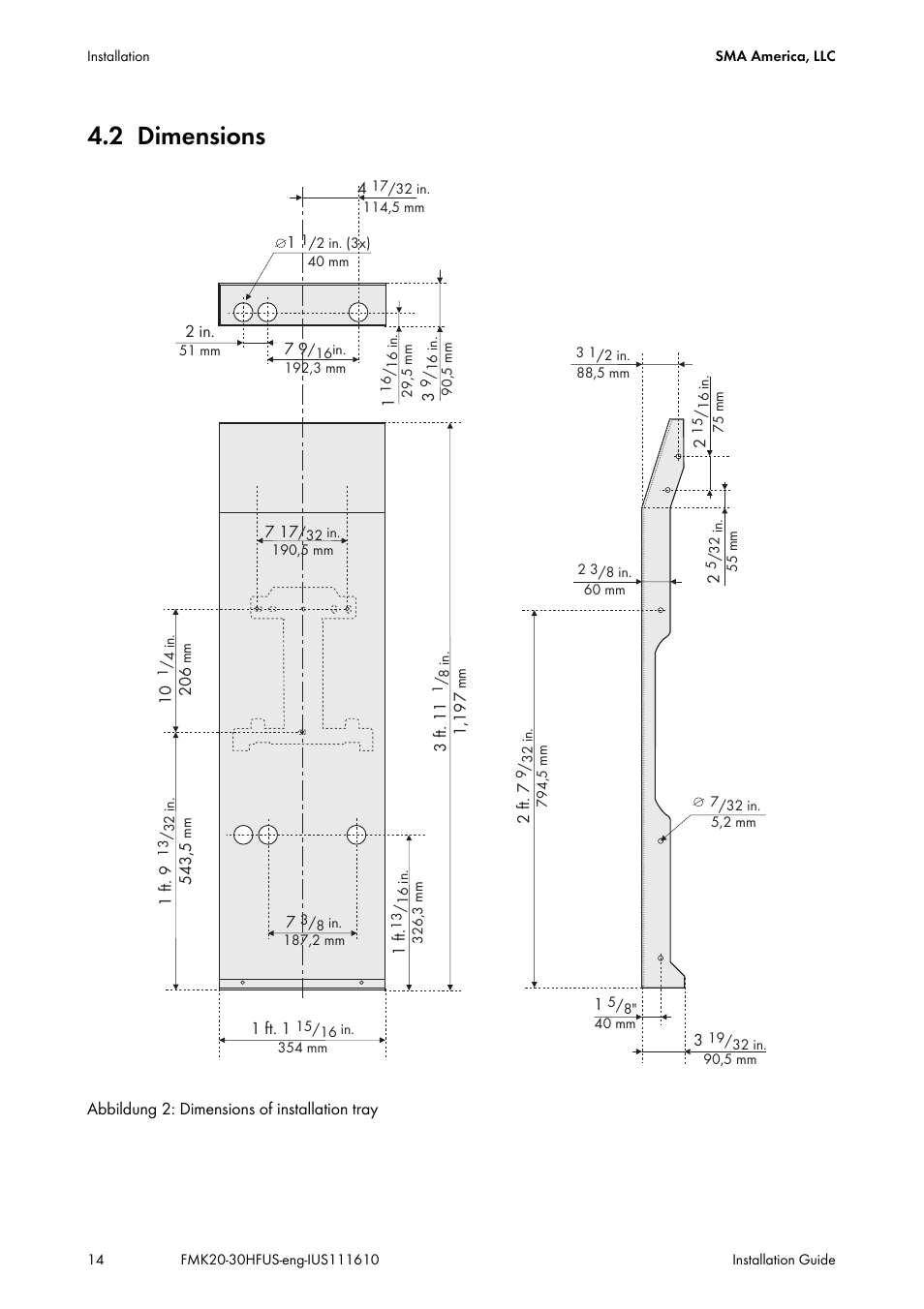 2 dimensions, Dimensions | SMA SB 2000HF-US Installation User Manual | Page 14 / 32