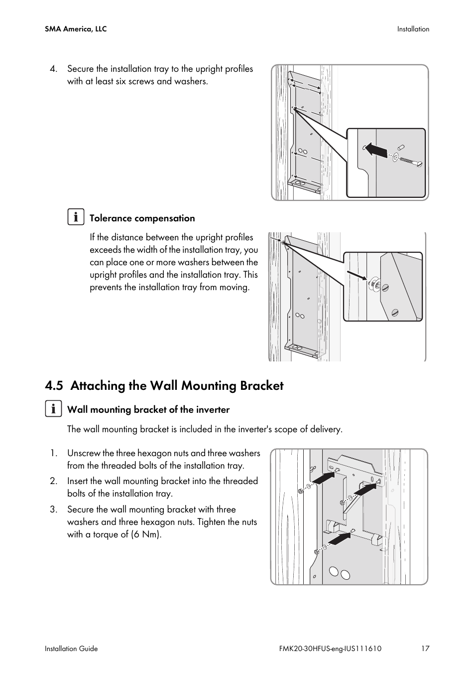 5 attaching the wall mounting bracket, Attaching the wall mounting bracket | SMA SB 2000HF-US Installation User Manual | Page 17 / 32