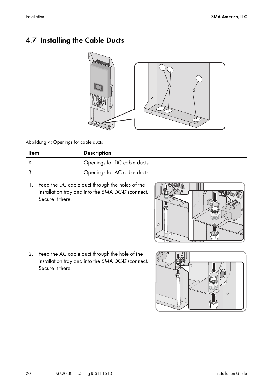 7 installing the cable ducts, Installing the cable ducts | SMA SB 2000HF-US Installation User Manual | Page 20 / 32