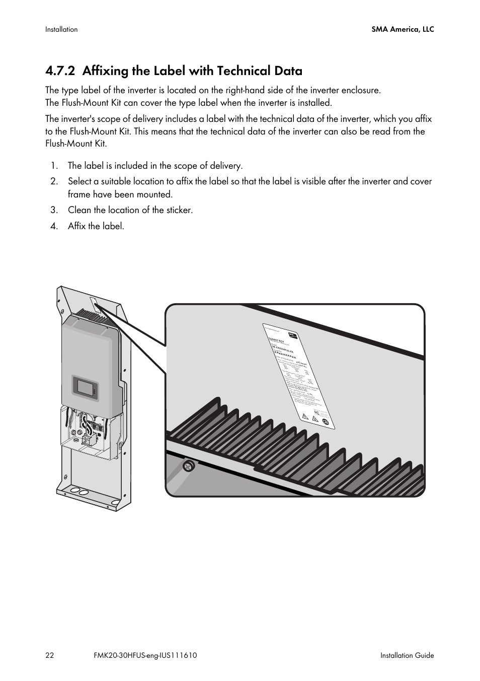 2 affixing the label with technical data, Affixing the label with technical data | SMA SB 2000HF-US Installation User Manual | Page 22 / 32