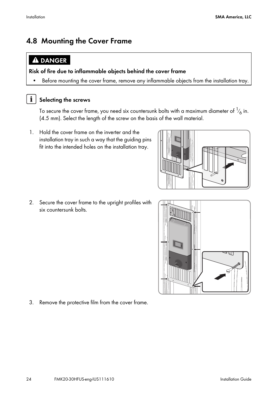 8 mounting the cover frame, Mounting the cover frame | SMA SB 2000HF-US Installation User Manual | Page 24 / 32