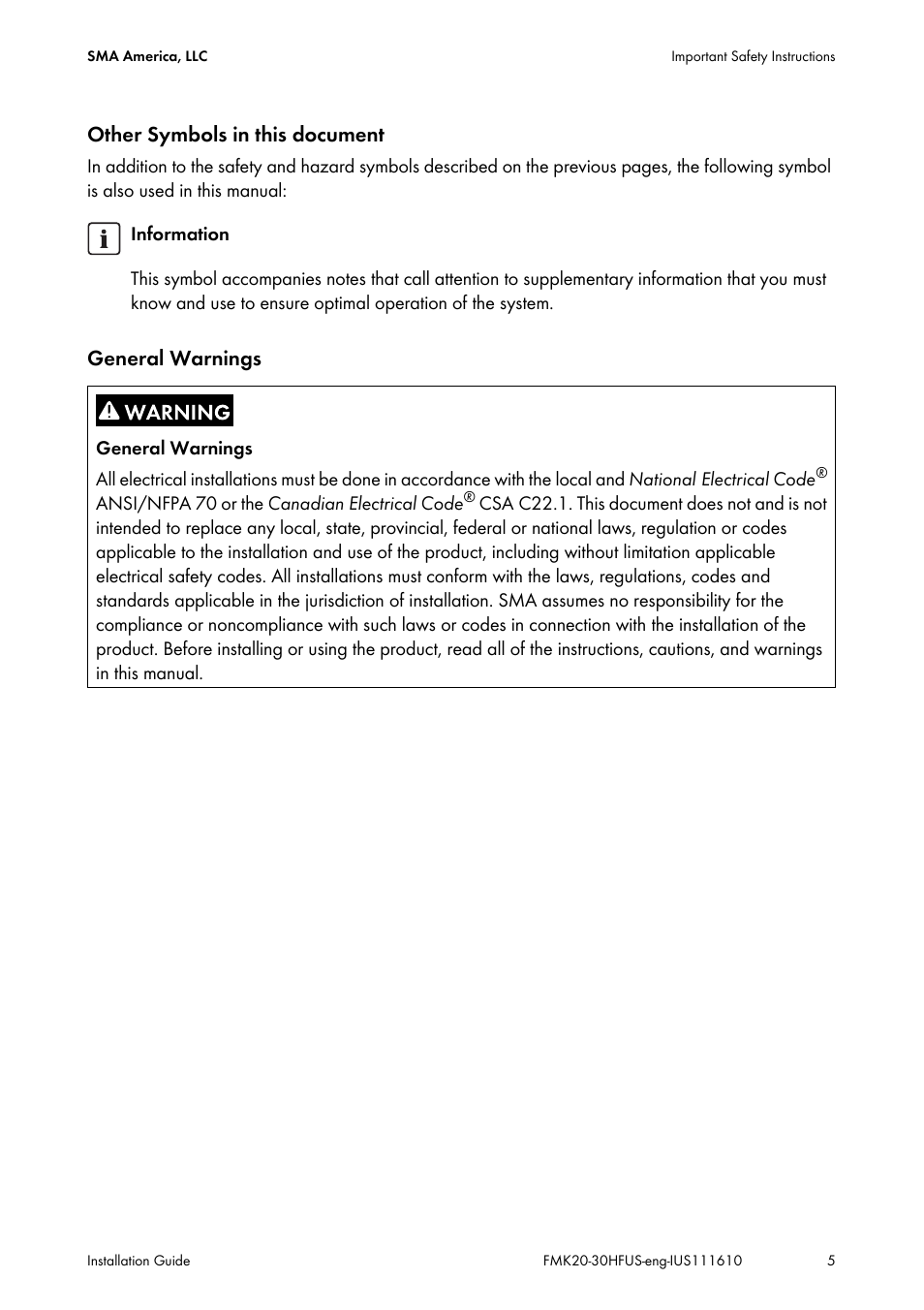 Other symbols in this document, General warnings | SMA SB 2000HF-US Installation User Manual | Page 5 / 32