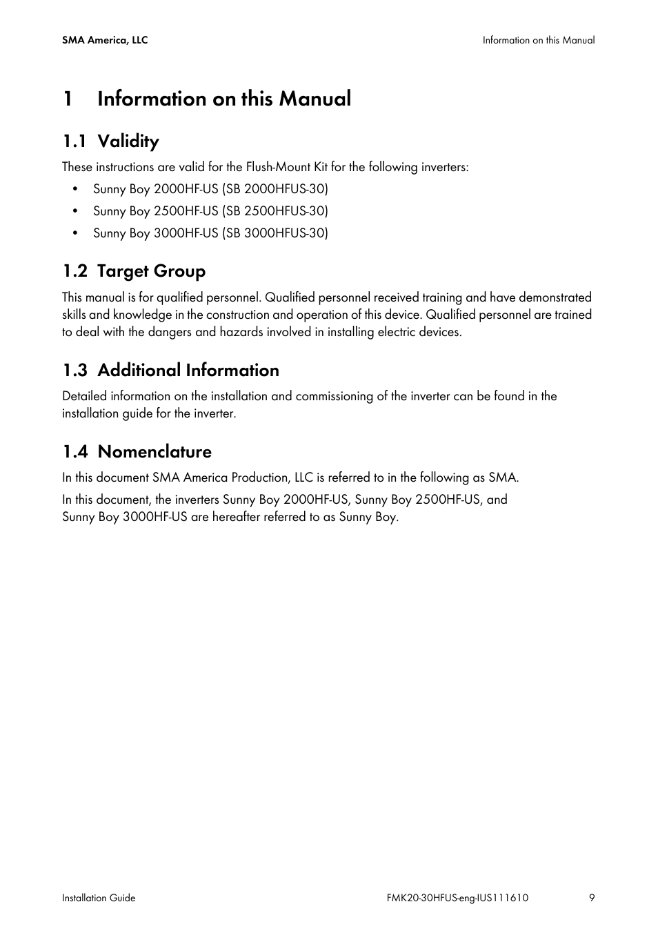 1 information on this manual, 1 validity, 2 target group | 3 additional information, 4 nomenclature, Information on this manual, Validity, Target group, Additional information, Nomenclature | SMA SB 2000HF-US Installation User Manual | Page 9 / 32