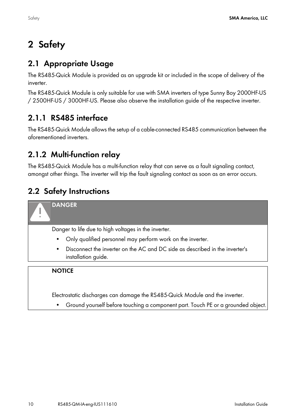 2 safety, 1 appropriate usage, 1 rs485 interface | 2 multi-function relay, 2 safety instructions, Safety, Appropriate usage, Rs485 interface, Multi-function relay, Safety instructions | SMA RS485-Quick Module User Manual | Page 10 / 32