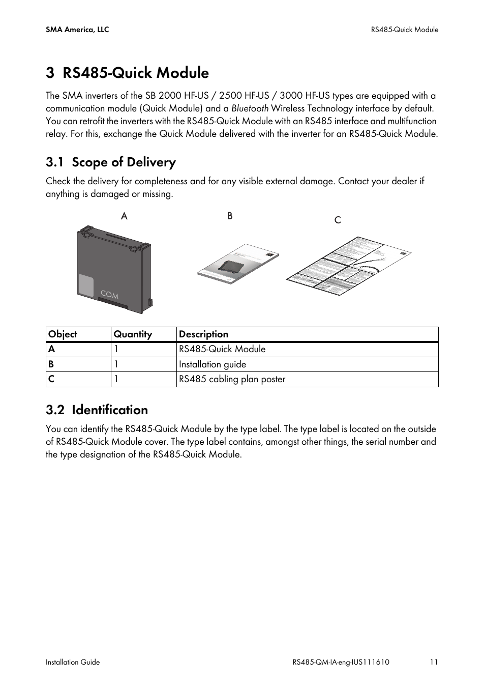 3 rs485-quick module, 1 scope of delivery, 2 identification | Rs485-quick module, Scope of delivery, Identification | SMA RS485-Quick Module User Manual | Page 11 / 32