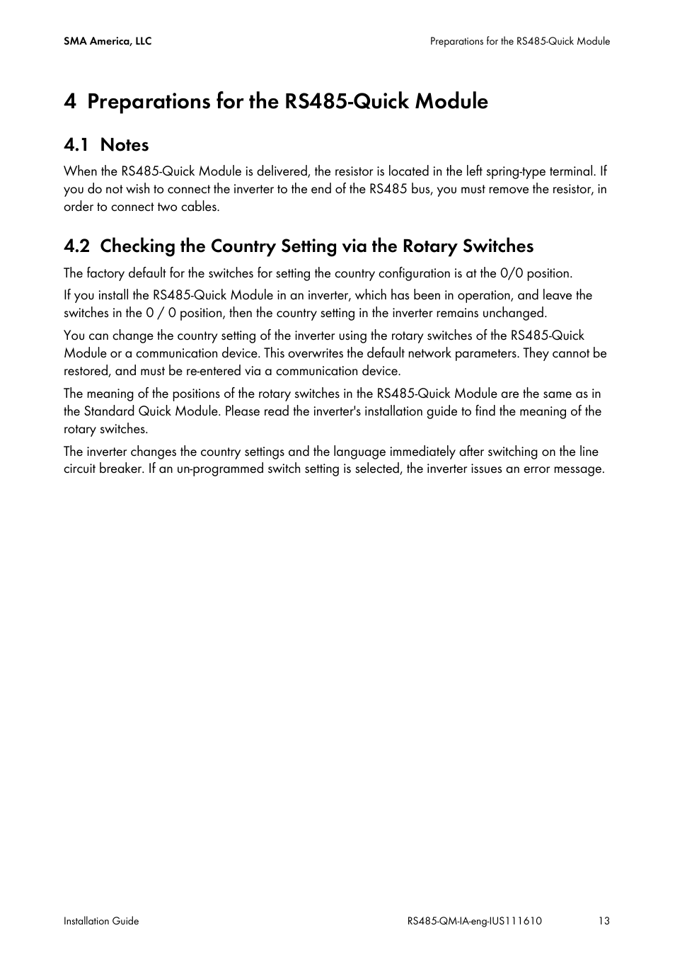 4 preparations for the rs485-quick module, 1 notes, Preparations for the rs485 quick module | Notes | SMA RS485-Quick Module User Manual | Page 13 / 32
