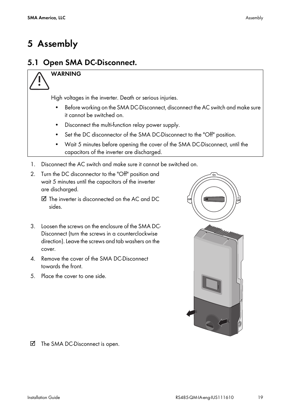 5 assembly, 1 open sma dc-disconnect, Assembly | Open sma dc-disconnect | SMA RS485-Quick Module User Manual | Page 19 / 32