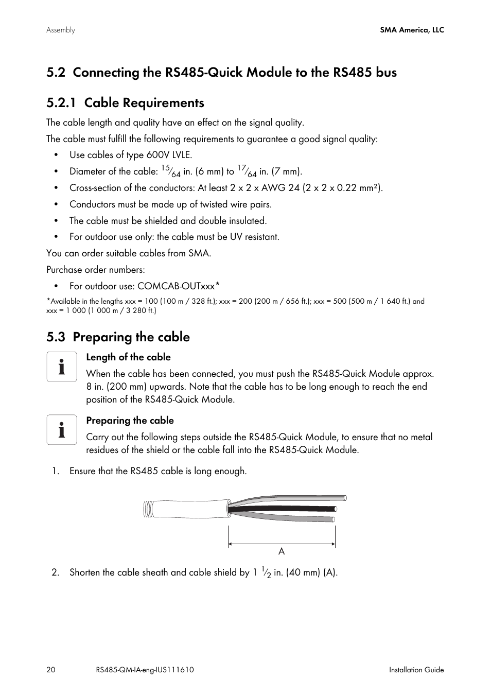 1 cable requirements, 3 preparing the cable, Connecting the rs485 quick module to the rs485 bus | Cable requirements, Preparing the cable | SMA RS485-Quick Module User Manual | Page 20 / 32