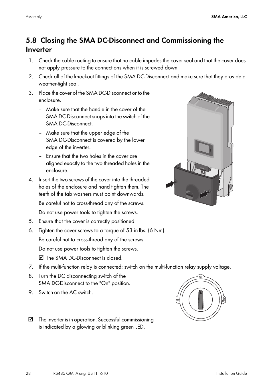 Closing the sma dc-disconnect and, Commissioning the inverter, Ion 5.8 „closing | SMA RS485-Quick Module User Manual | Page 28 / 32