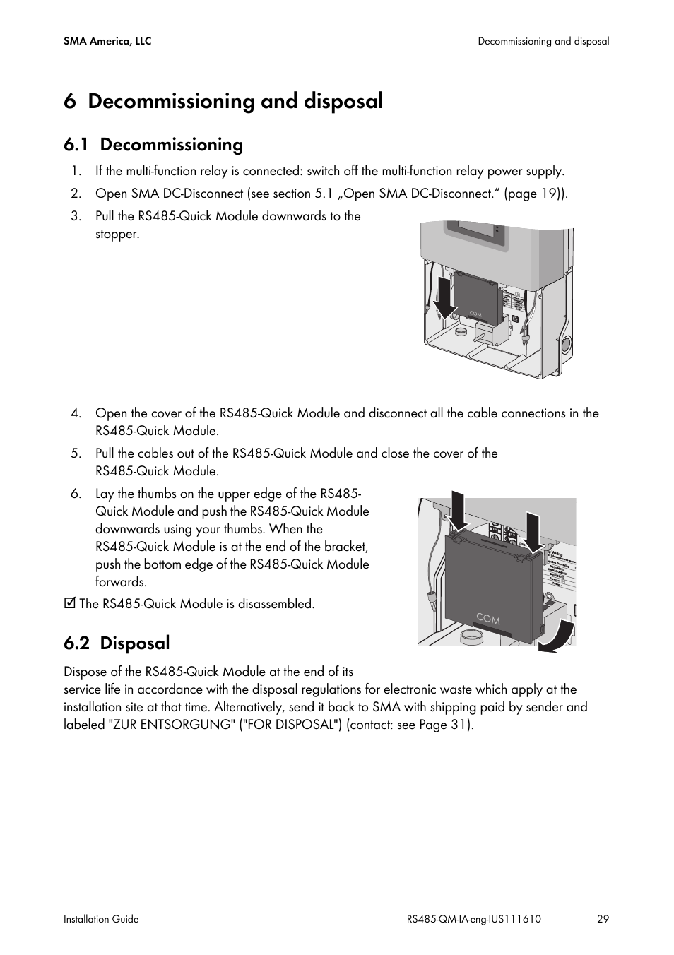 6 decommissioning and disposal, 1 decommissioning, 2 disposal | Decommissioning and disposal, Decommissioning, Disposal | SMA RS485-Quick Module User Manual | Page 29 / 32