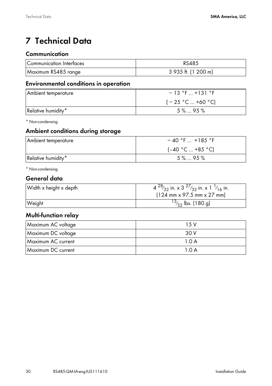7 technical data, Technical data | SMA RS485-Quick Module User Manual | Page 30 / 32