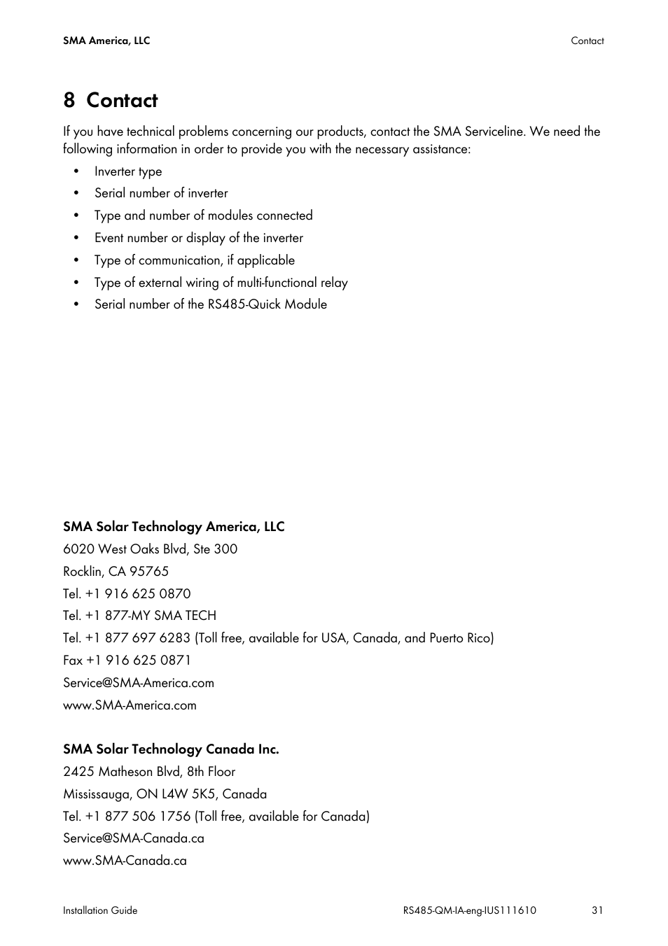 8 contact, Contact | SMA RS485-Quick Module User Manual | Page 31 / 32