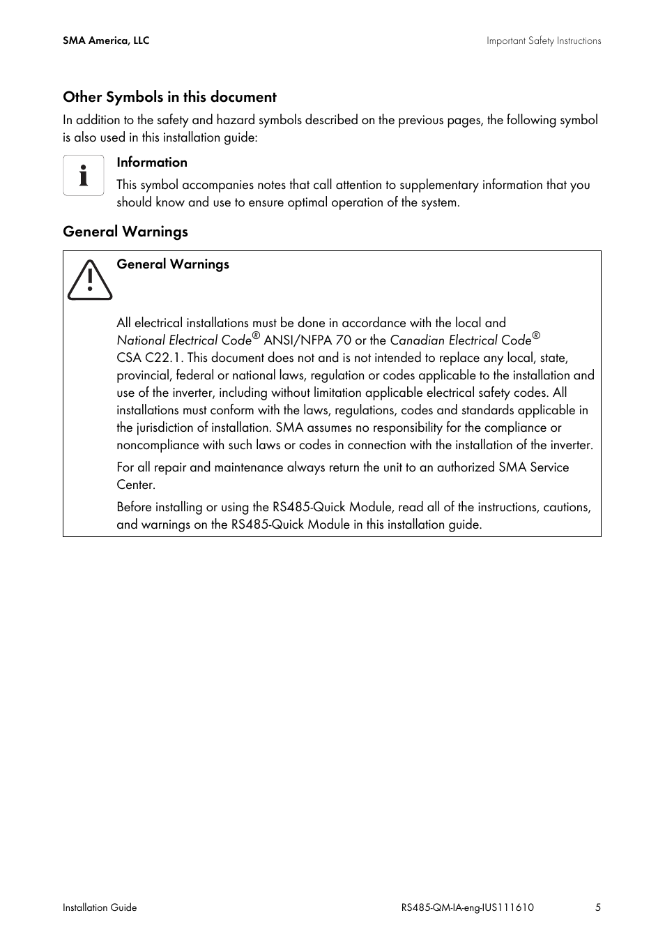 Other symbols in this document, General warnings | SMA RS485-Quick Module User Manual | Page 5 / 32