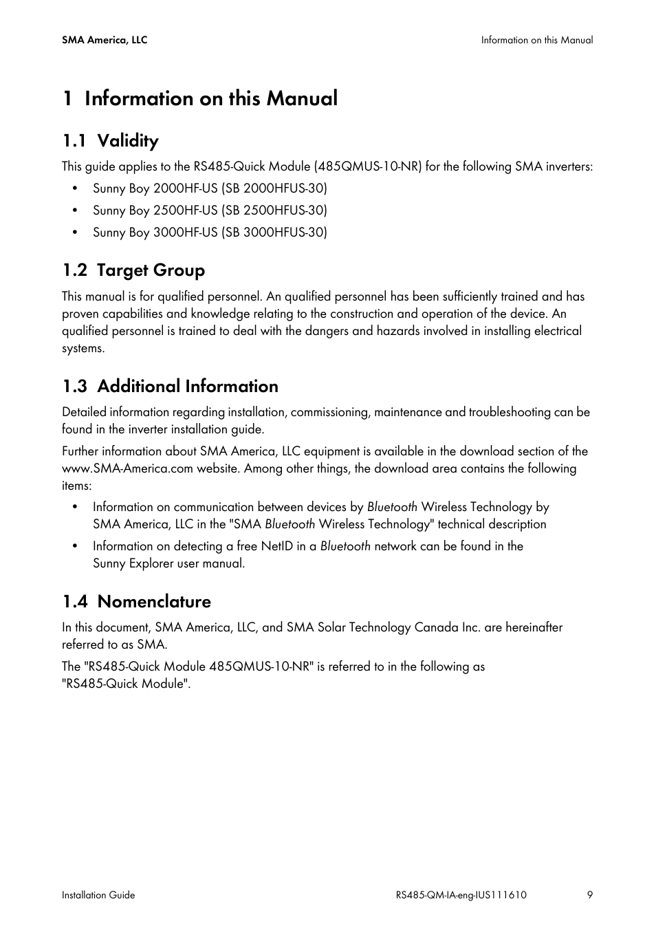 1 information on this manual, 1 validity, 2 target group | 3 additional information, 4 nomenclature, Information on this manual, Validity, Target group, Additional information, Nomenclature | SMA RS485-Quick Module User Manual | Page 9 / 32
