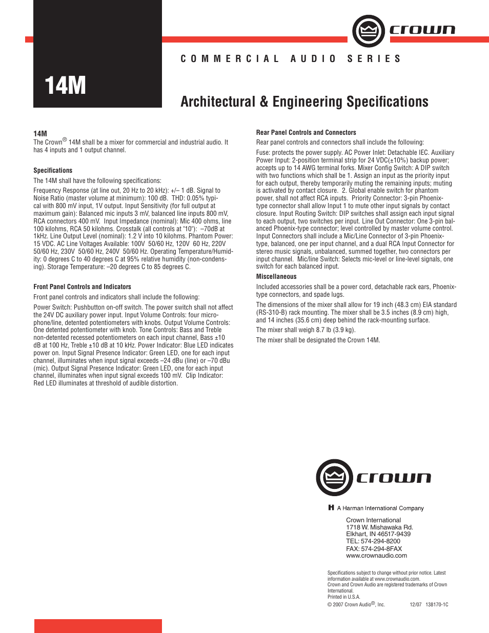 Crown Audio 14M User Manual | 1 page