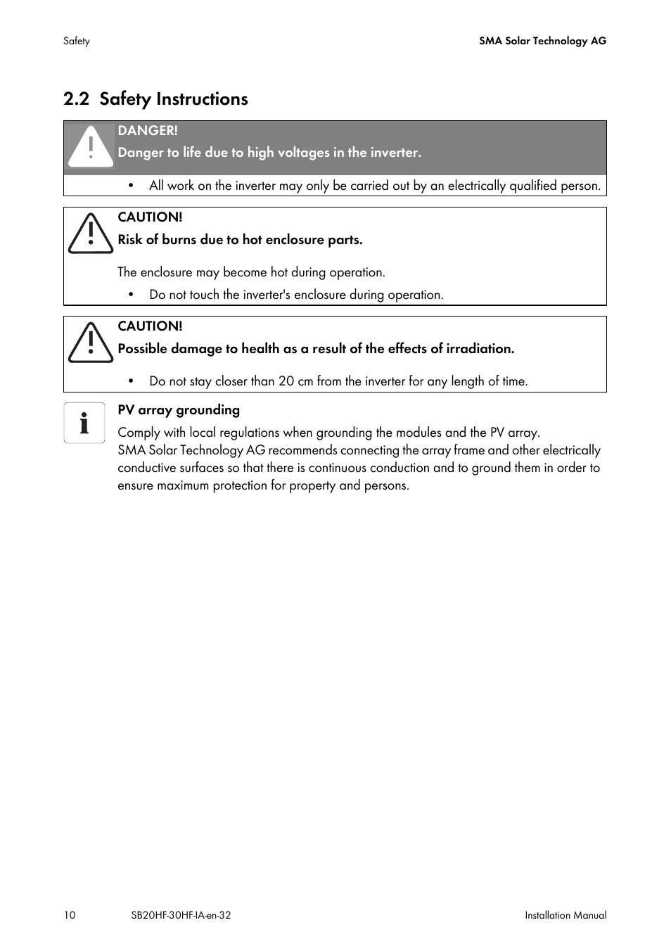 2 safety instructions, Safety instructions | SMA SB 2000HF-30 Installation User Manual | Page 10 / 96