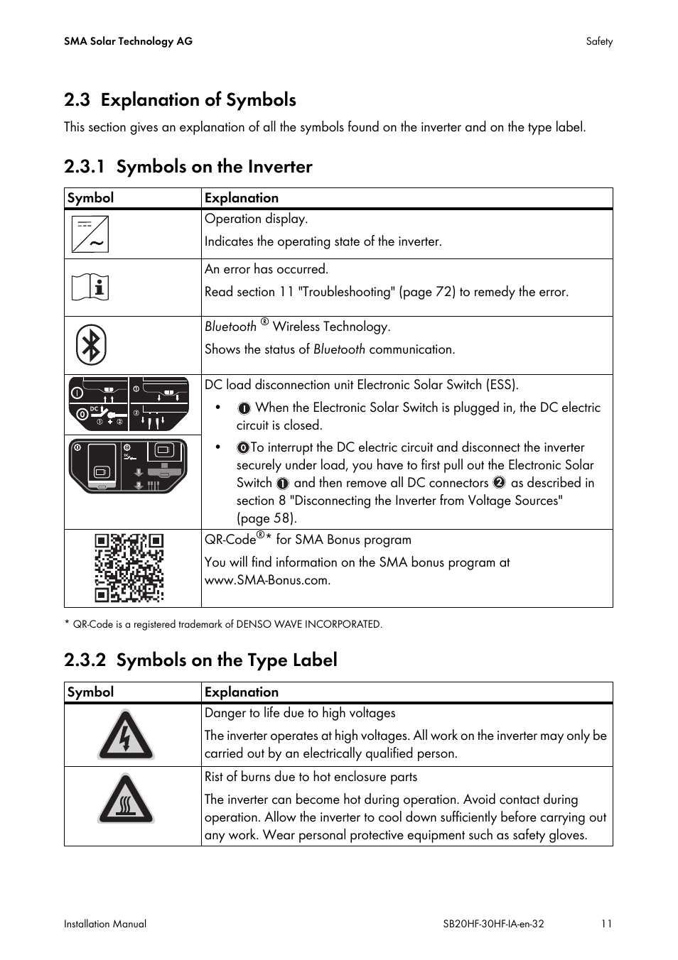 3 explanation of symbols, 1 symbols on the inverter, 2 symbols on the type label | Explanation of symbols, Symbols on the inverter, Symbols on the type label | SMA SB 2000HF-30 Installation User Manual | Page 11 / 96