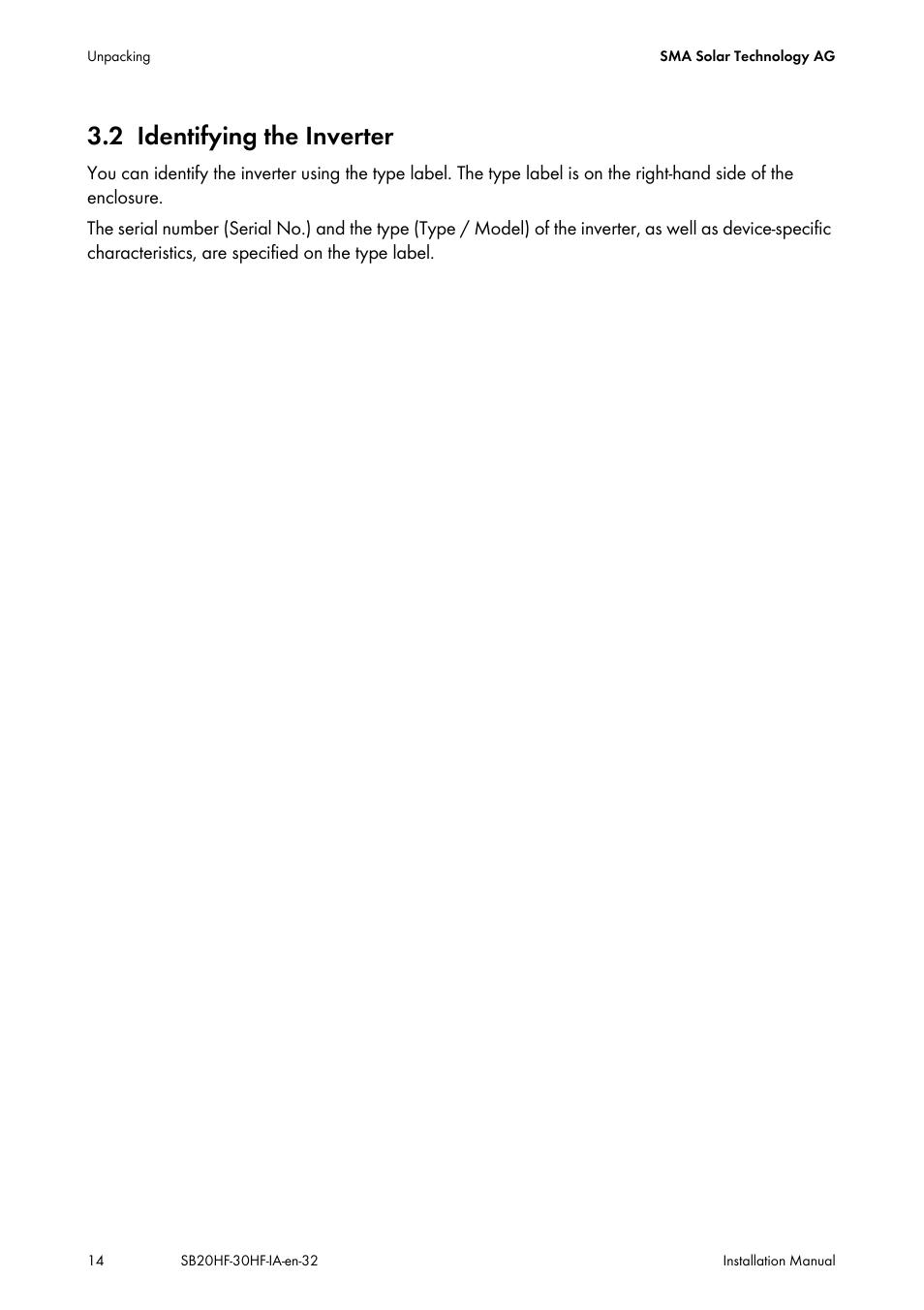 2 identifying the inverter, Identifying the inverter | SMA SB 2000HF-30 Installation User Manual | Page 14 / 96